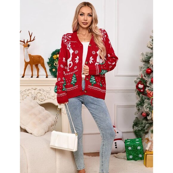 Women's Ugly Christmas Sweater Animal Tree Knit Cardigan Open Front Small - Picture 6 of 9